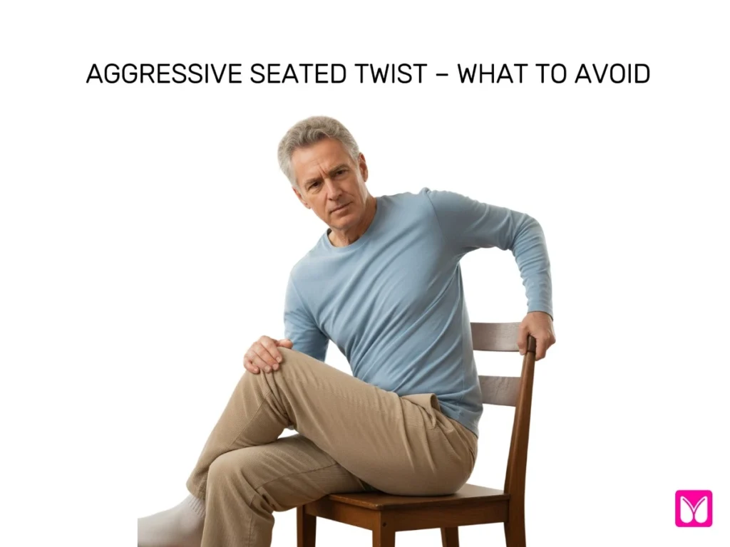 Elderly man twisting forcefully in chair yoga, example of unsafe movement for sciatic