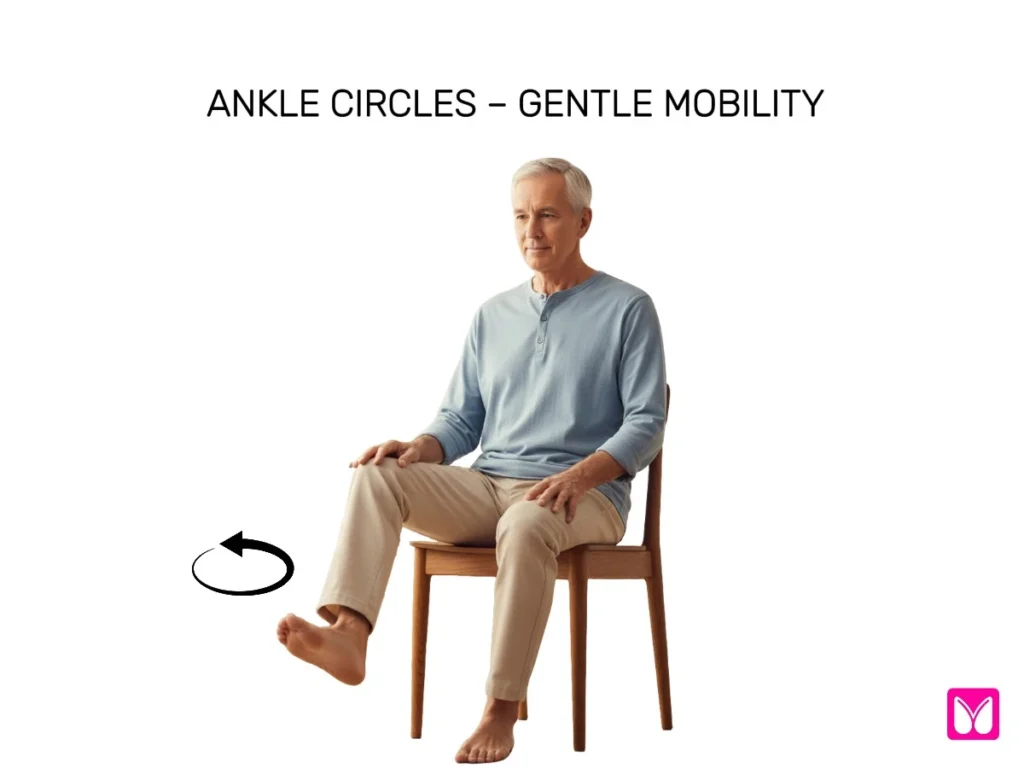 Senior man doing seated ankle circles to improve joint mobility in chair yoga.