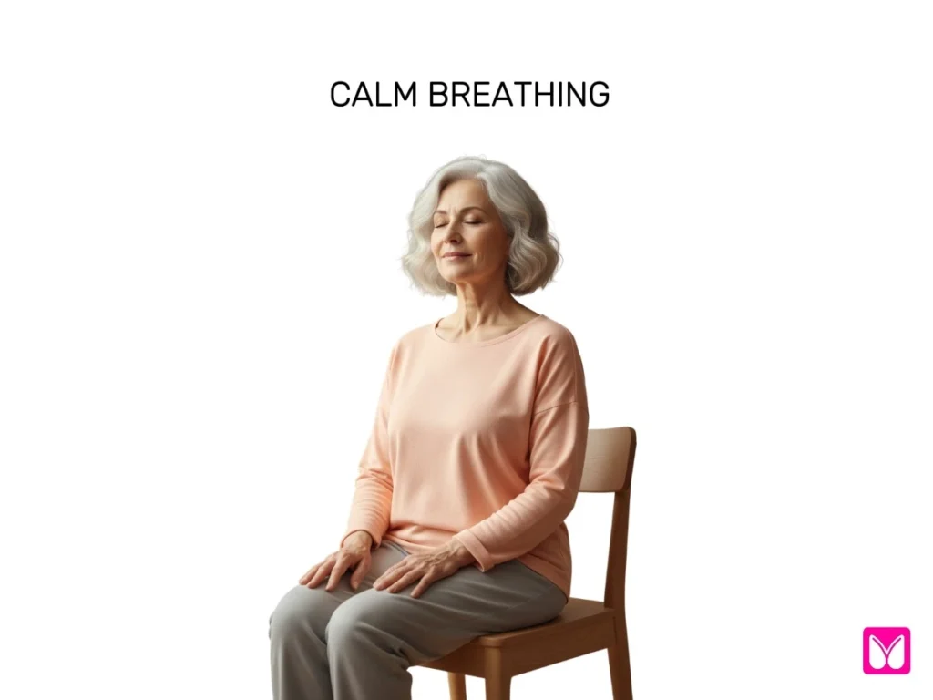Elderly woman practicing deep breathing while seated upright in chair yoga session.