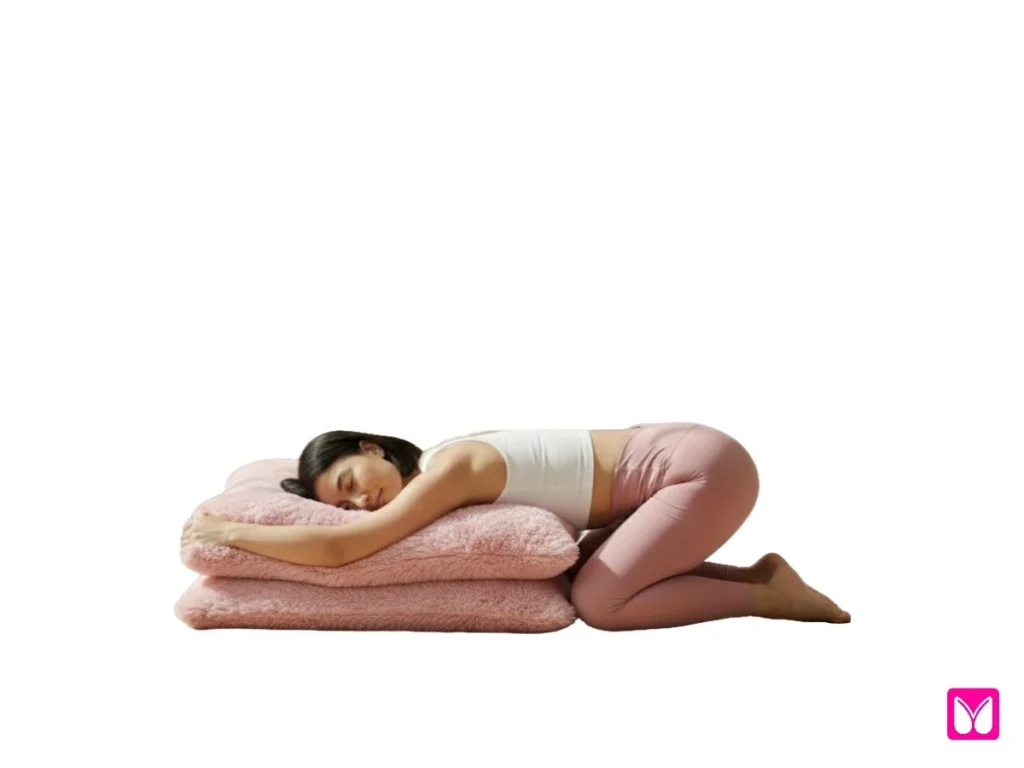 A woman practicing Balasana or Child’s Pose, a relaxing beginner yoga pose, using two pink pillows for support to relieve lower back pain.
