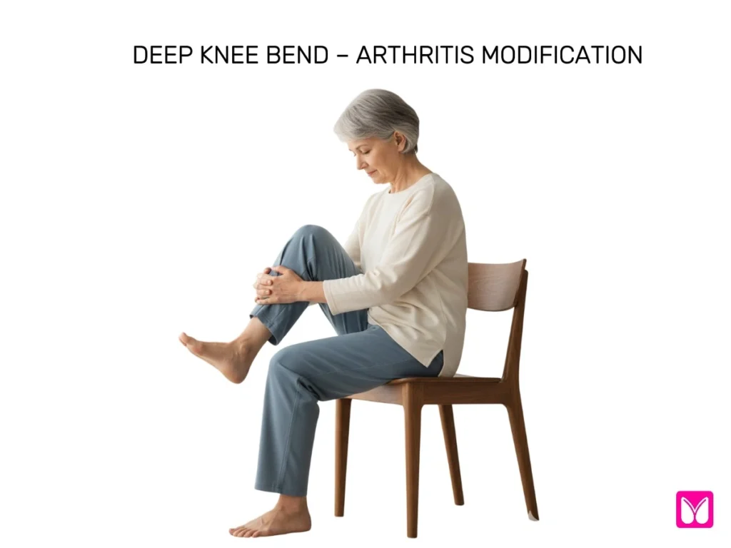 Senior woman bending knee deeply while seated, which may strain arthritic joints