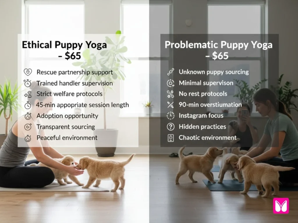 Side-by-side comparison of ethical puppy yoga and problematic puppy yoga classes, showing calm puppies with trained supervision versus overcrowded puppy yoga sessions with minimal welfare protocols