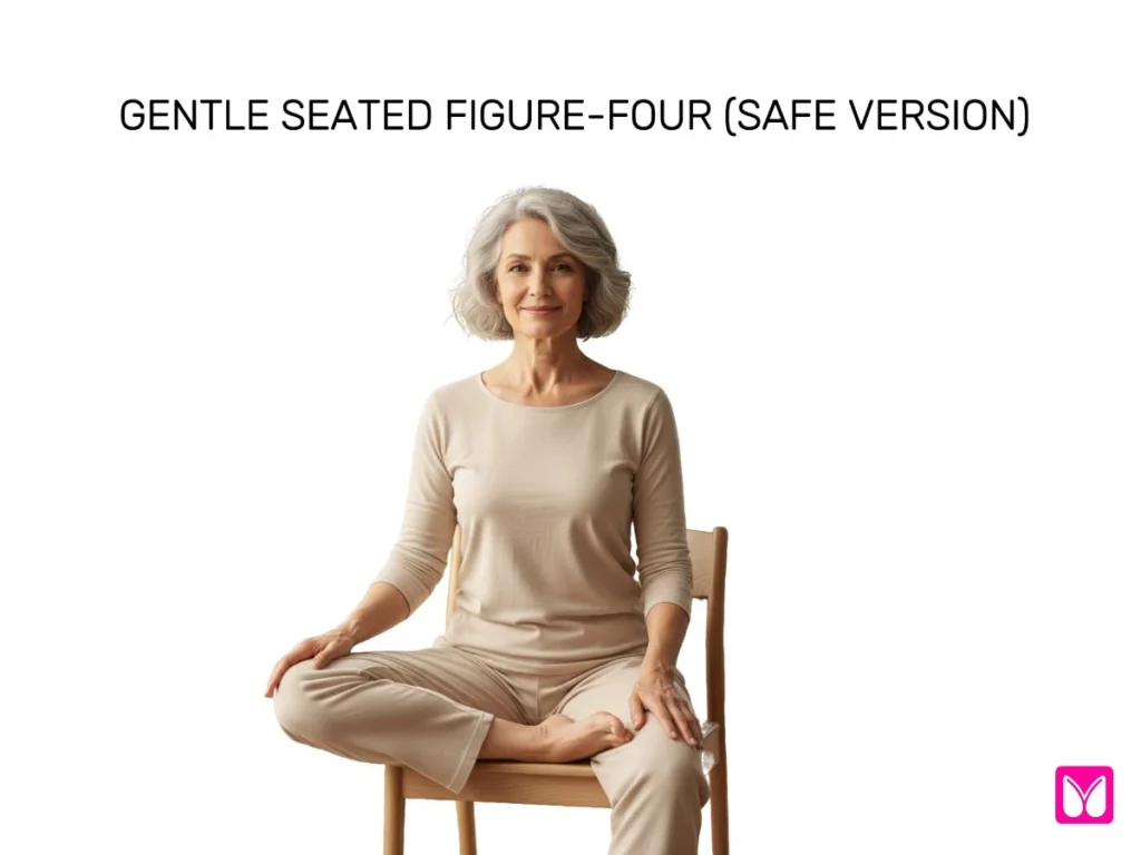 Senior woman performing gentle seated figure-four stretch for sciatica relief with upright posture.