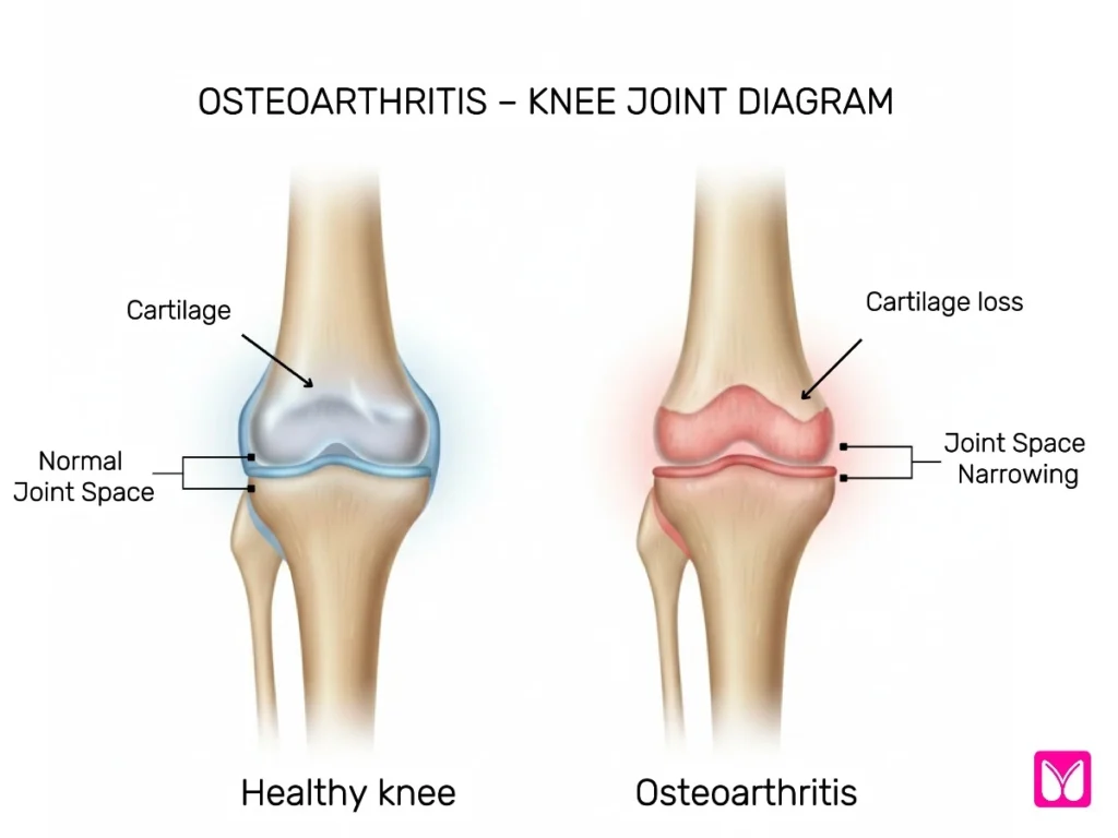 Medical diagram of knee osteoarthritis showing cartilage loss and reduced joint space.
