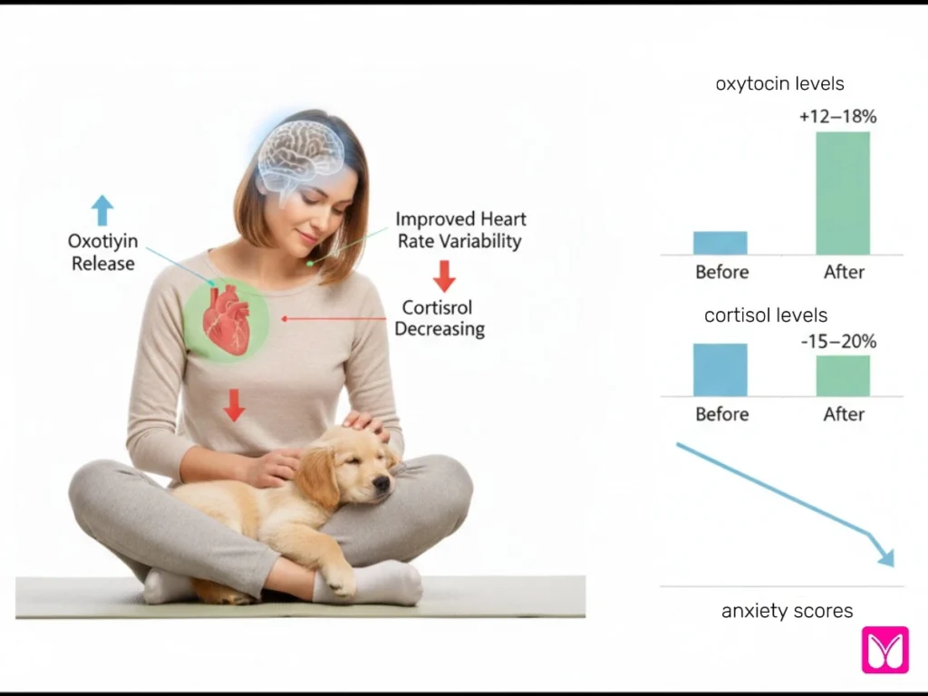 A scientific chart showing the benefits of puppy yoga, including an 18% increase in oxytocin and a 20% decrease in cortisol levels during a session.