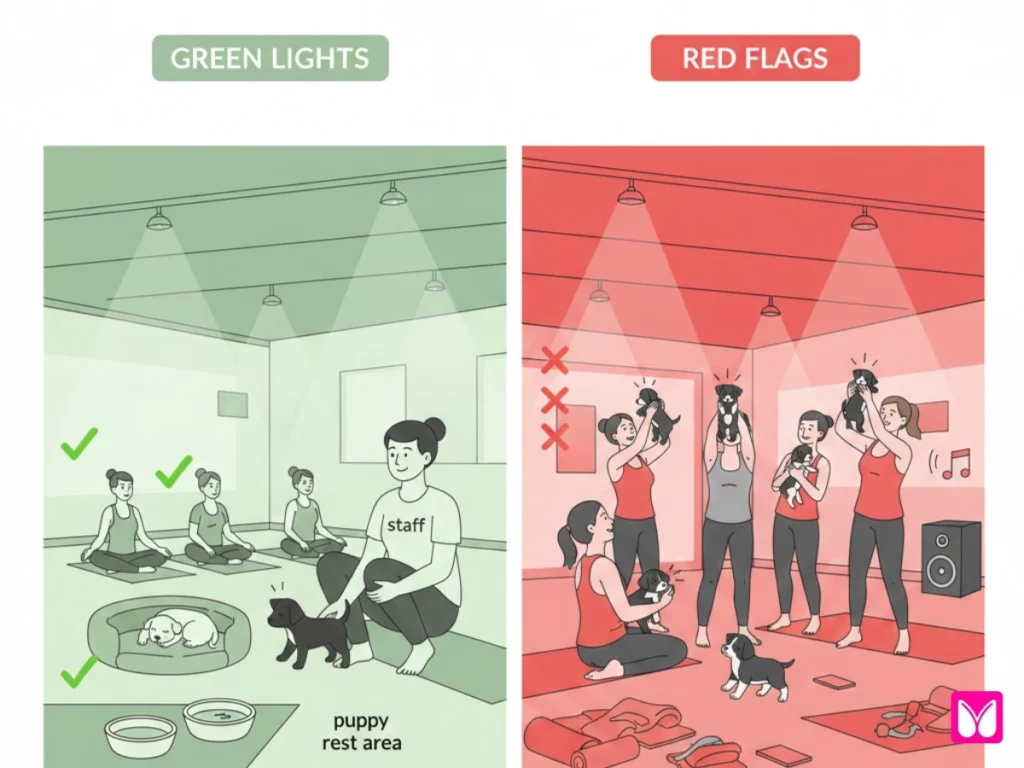 Illustration showing green lights and red flags in puppy yoga classes, highlighting calm puppies resting safely versus overcrowded puppy yoga sessions with loud music and stress