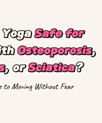 Senior woman practicing gentle chair yoga at home with upright neutral spine posture for safe movement.