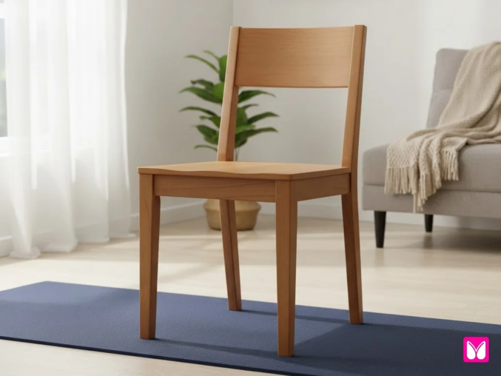 Sturdy wooden chair without wheels placed on stable surface for safe chair yoga practice.
