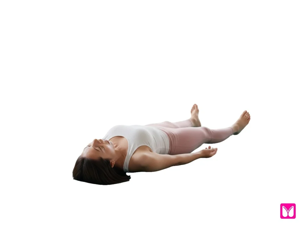 A woman lying in Savasana, the most vital of simple yoga poses for nervous system regulation and total body relaxation.