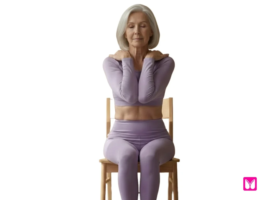 A senior woman sitting on a chair with her hands on her shoulders and elbows brought together to warm up the upper body and improve posture.