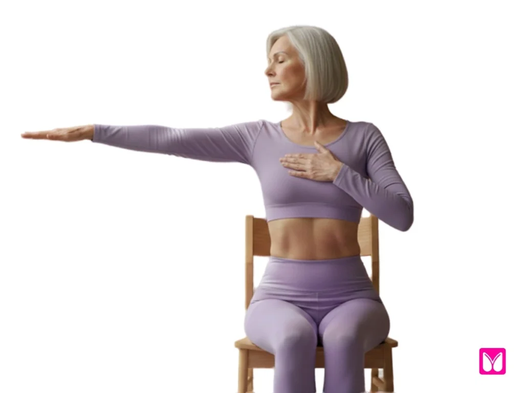 A senior woman reaching one arm out to the side at shoulder height while placing the other hand on her chest to support heart-centered awareness.