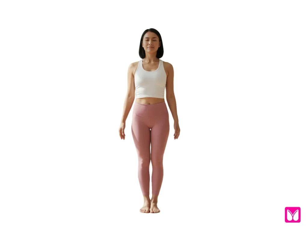 A woman standing in Tadasana or Mountain Pose, a foundational posture used in yoga for beginners to establish proper alignment and grounding.