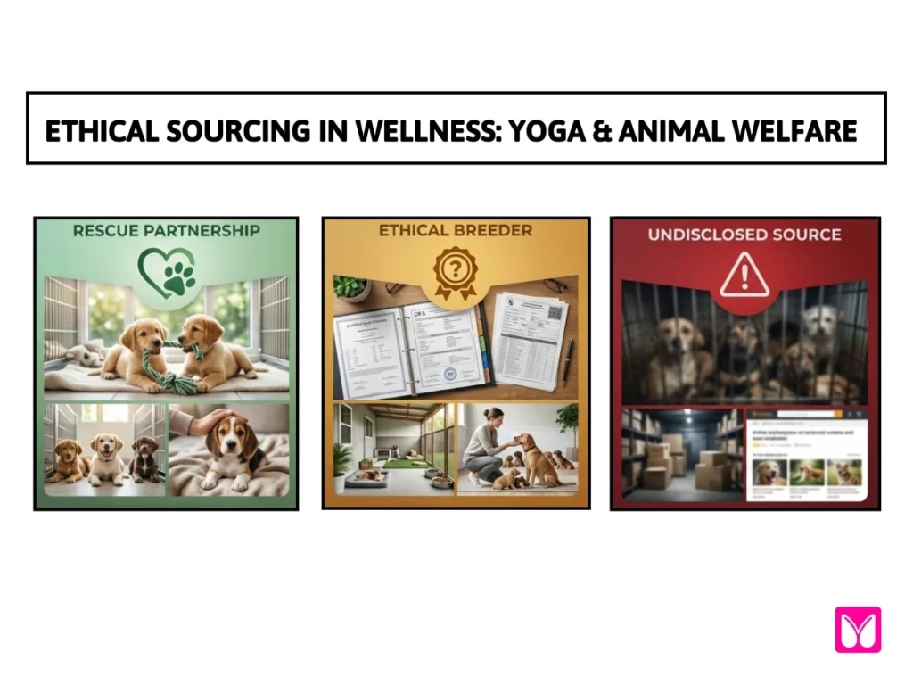 An educational infographic about ethical puppy yoga sourcing, comparing rescue partnerships and ethical breeders against undisclosed puppy mill sources.