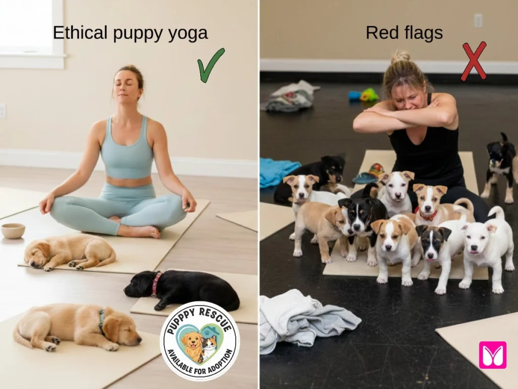 A side-by-side photo comparison showing an ethical puppy yoga class with rescue partnerships versus a high-stress, crowded red-flag environment.