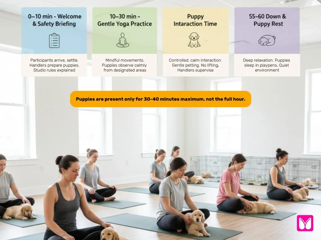 An infographic detailing a safe puppy yoga class structure where puppies are only present for 30-40 minutes of the session.