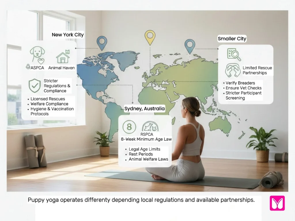 A world map illustrating different puppy yoga regulations in New York City, Sydney, and smaller cities, highlighting welfare compliance and age laws.