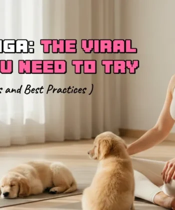 A woman meditating peacefully with golden retriever puppies, illustrating the viral trend of puppy yoga and its mental health benefits.