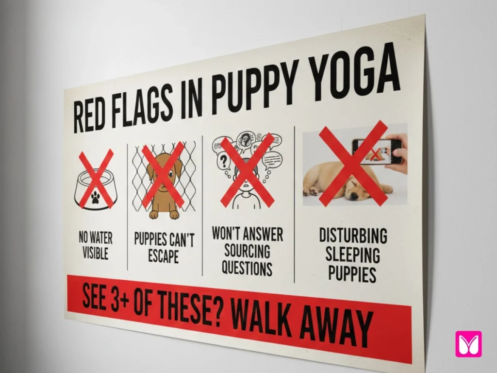 A warning poster listing puppy yoga red flags, such as no visible water, no escape options for puppies, and disturbing sleeping animals.