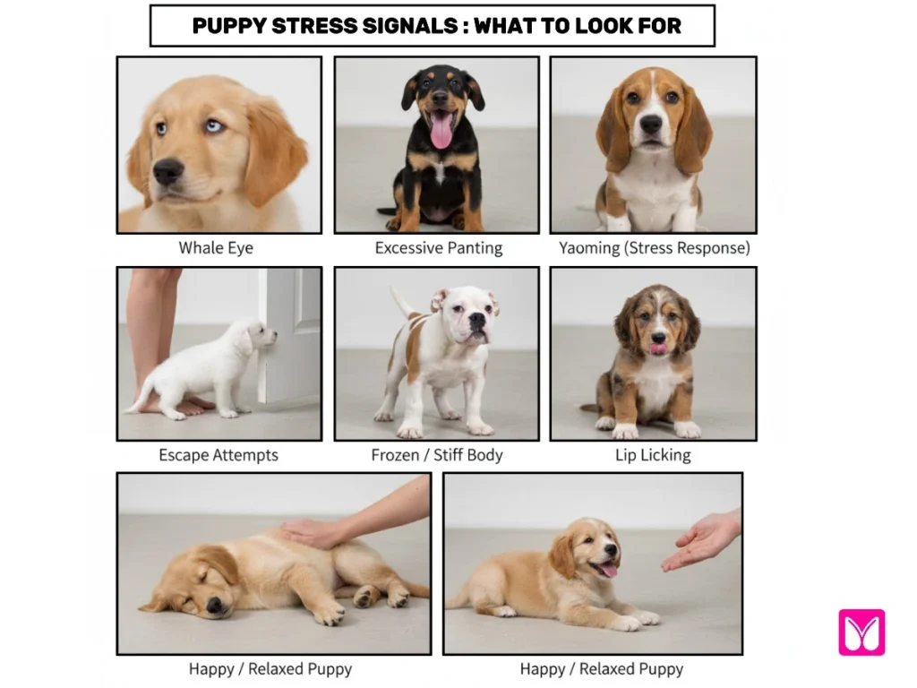 A guide for puppy yoga participants showing stress signals like 'whale eye' and 'lip licking' versus signs of a happy, relaxed puppy.