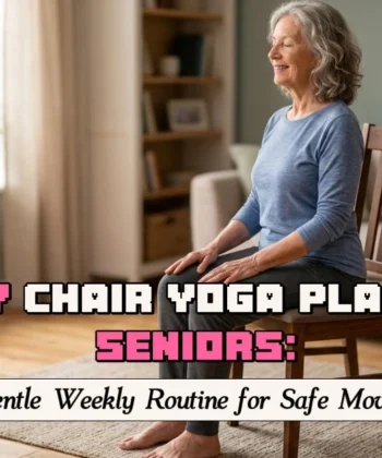 A serene senior woman with grey hair sitting on a wooden chair in a sunlit living room, practicing mindful breathing with her eyes closed. Overlaying the image is the text "7 DAY CHAIR YOGA PLAN FOR SENIORS: A Gentle Weekly Routine for Safe Movement."