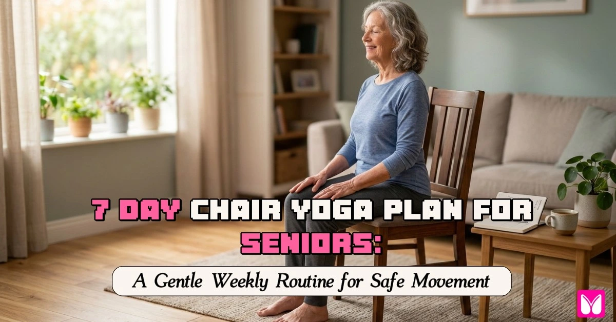 A serene senior woman with grey hair sitting on a wooden chair in a sunlit living room, practicing mindful breathing with her eyes closed. Overlaying the image is the text "7 DAY CHAIR YOGA PLAN FOR SENIORS: A Gentle Weekly Routine for Safe Movement."