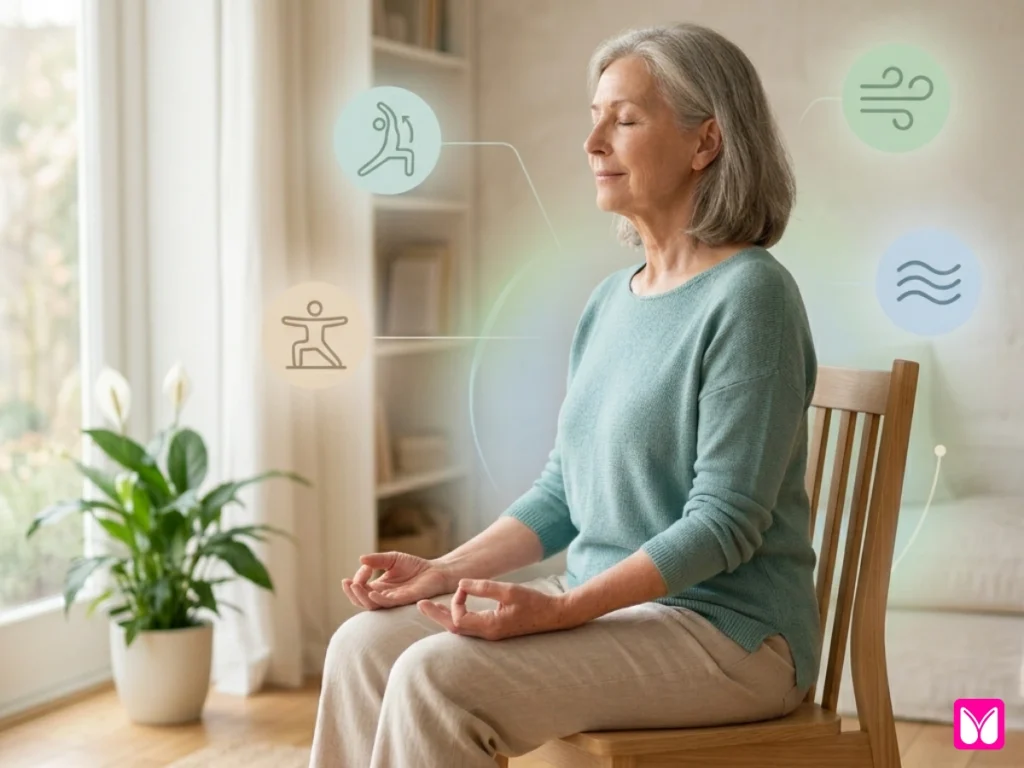 An infographic featuring a senior woman in a yoga pose. Icons and text highlight benefits including improved flexibility, better balance, reduced stress, and enhanced mobility.