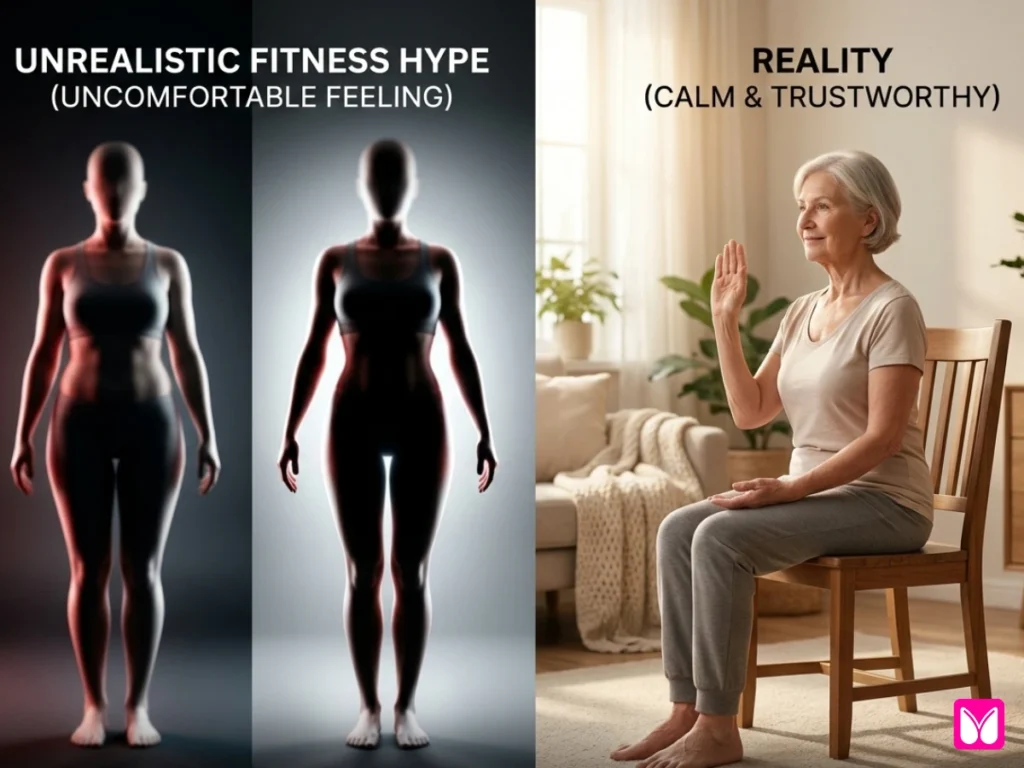 A split-screen comparison. "EXPECTATION" shows a rapid weight loss icon, while "REALITY" shows a senior woman consistently practicing, emphasizing sustainable health and gradual toning over "magic" results.