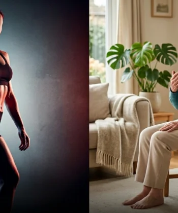 A senior woman in a purple yoga outfit sitting on a chair with a serene expression, symbolizing the calm and accessibility of chair yoga. The text overlay reads "IS CHAIR YOGA A SCAM? AN HONEST, EVIDENCE-BASED GUIDE FOR SENIORS."