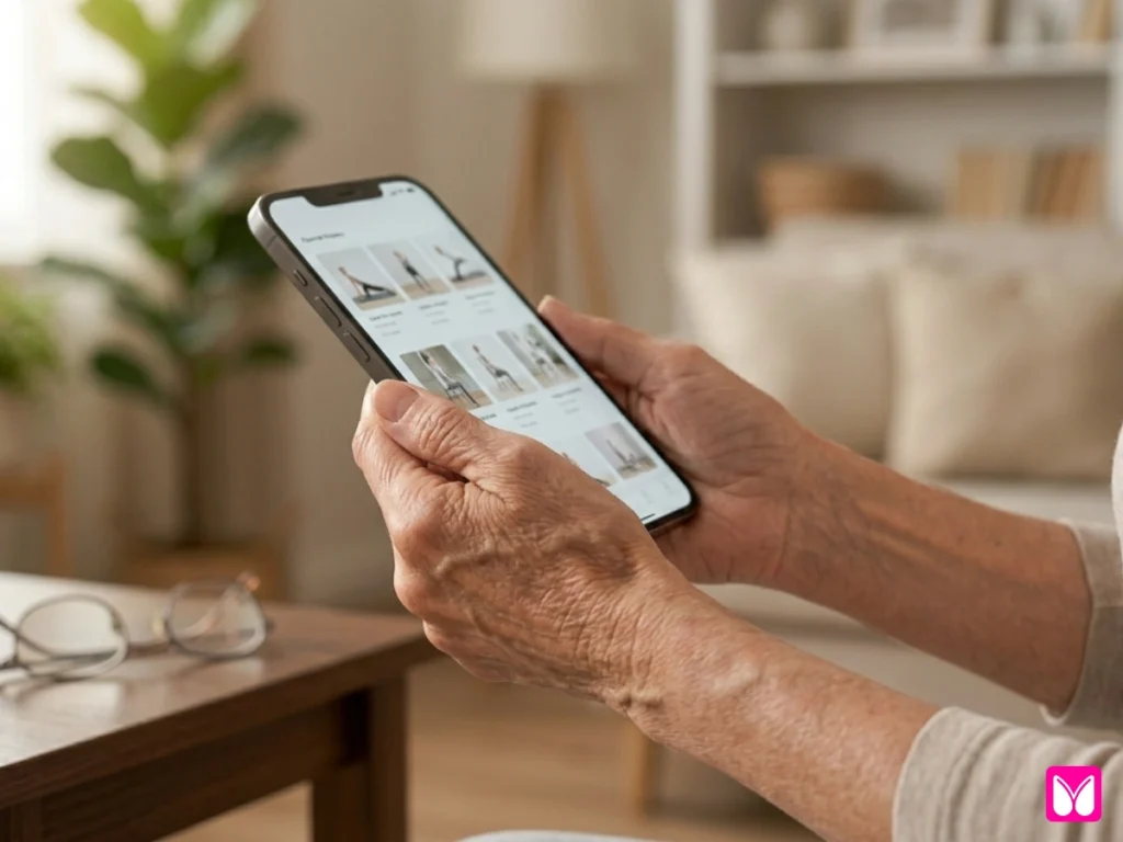 A senior woman smiling while using a mobile app to follow a chair yoga routine. A "Trusted" badge is displayed to signify verified, high-quality programs.