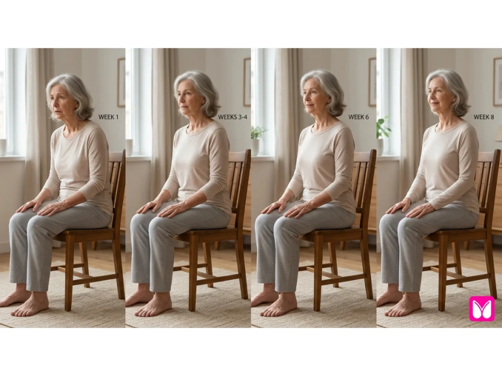 A chronological timeline showing the progress of chair yoga: Week 1 for flexibility, Month 1 for strength, and Month 3 for long-term health improvements.