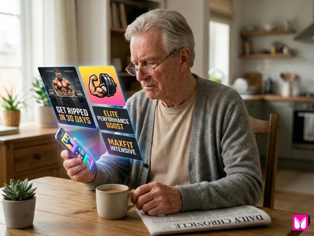 A senior woman looking skeptically at a tablet screen. The text "SCAM AWARENESS" warns against unrealistic weight loss claims and "free" trials that lead to hidden subscriptions.