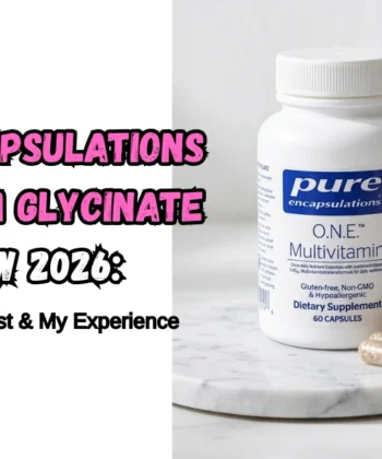 A 2026 review banner for Pure Encapsulations Magnesium Glycinate featuring a supplement bottle, clear capsules, and raw ingredients on a marble surface