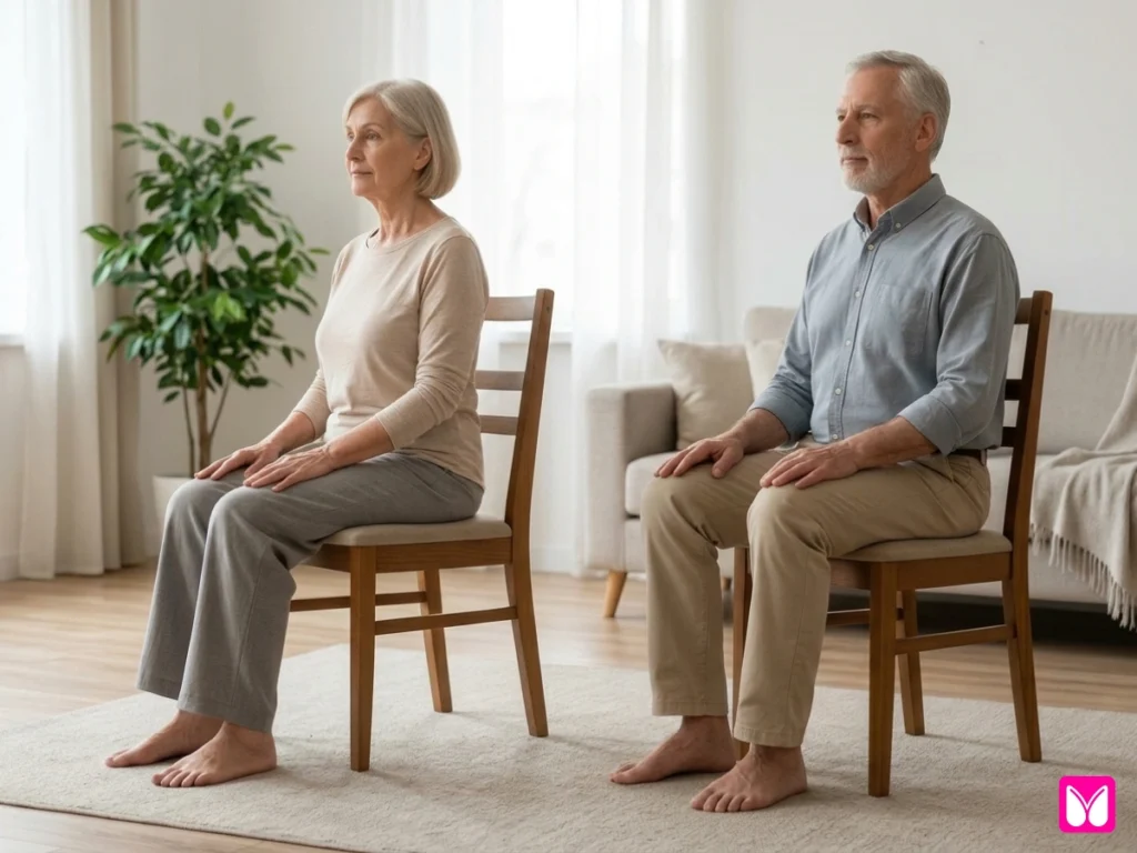 A senior woman sitting on a wooden chair, reaching her arms overhead in a stretch. The text "WHAT IS CHAIR YOGA?" appears next to her, explaining it as a gentle form of yoga practiced while seated.
